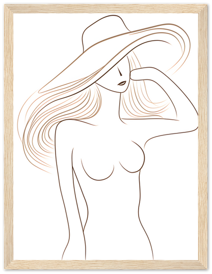 An illustrated portrait of a stylish woman in a large-brimmed hat within a wooden frame.