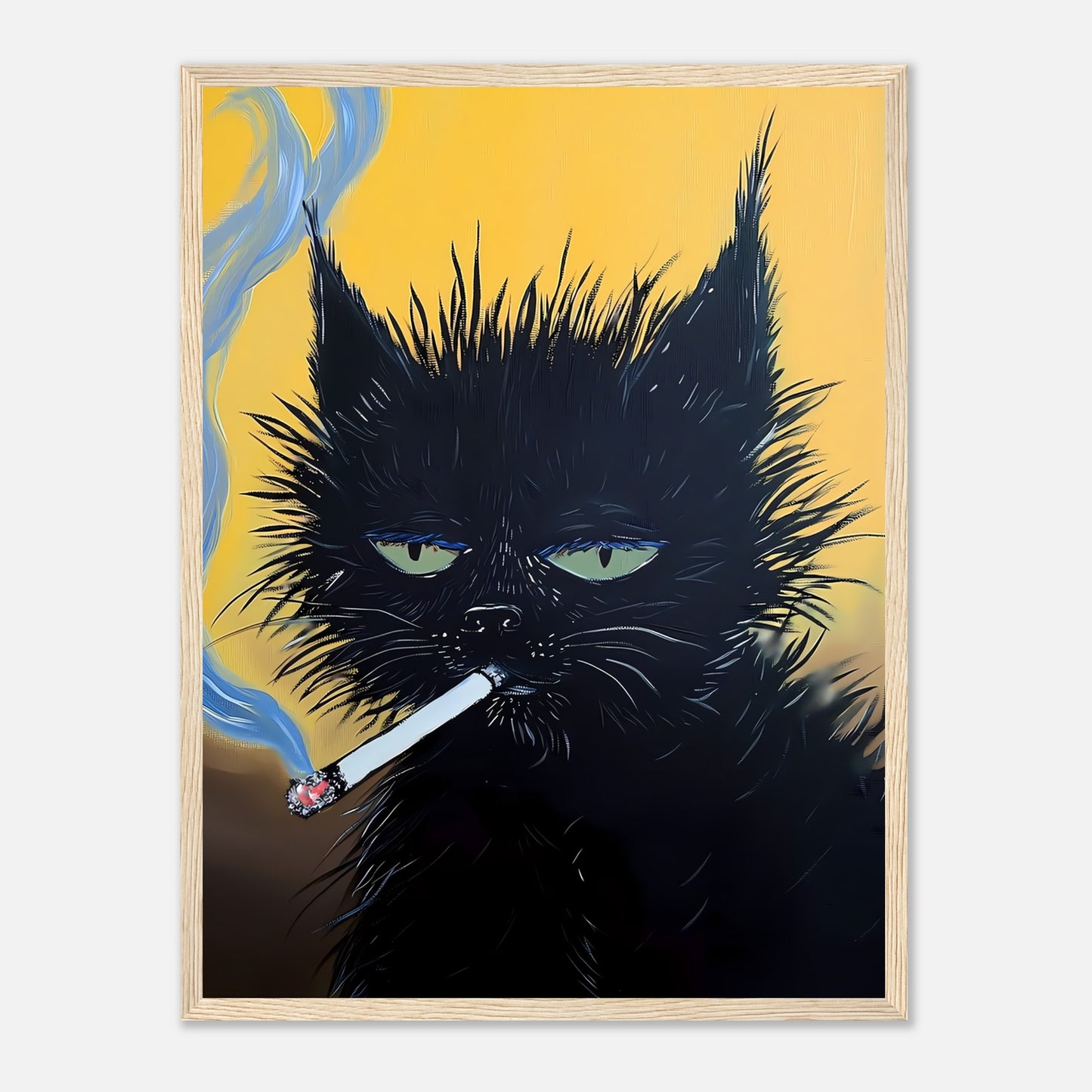 Artwork of a black cat with green eyes smoking a cigarette, against a yellow background.