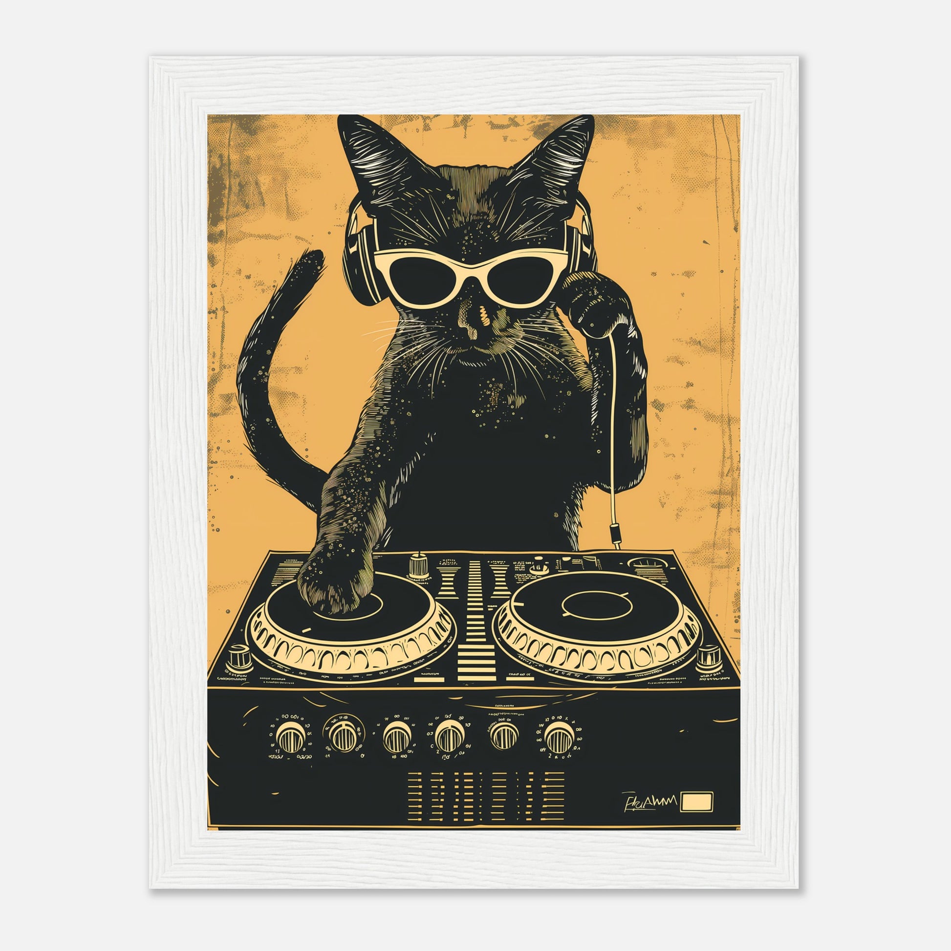 A stylized illustration of a cat with sunglasses DJing on turntables.