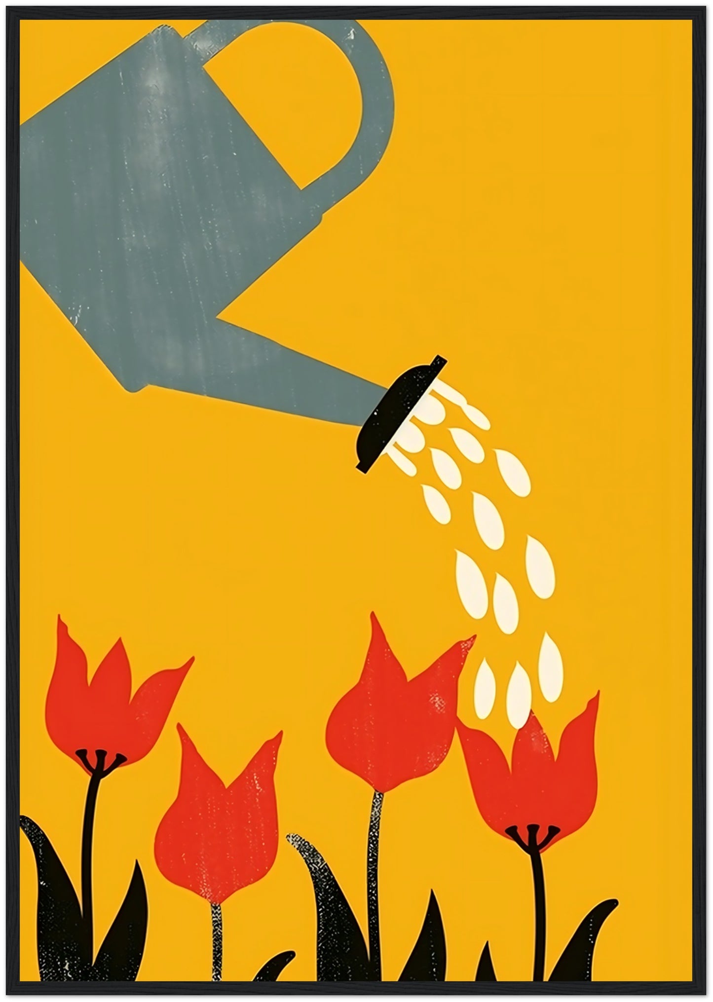 Illustration of a watering can pouring water onto red tulips against a yellow background.