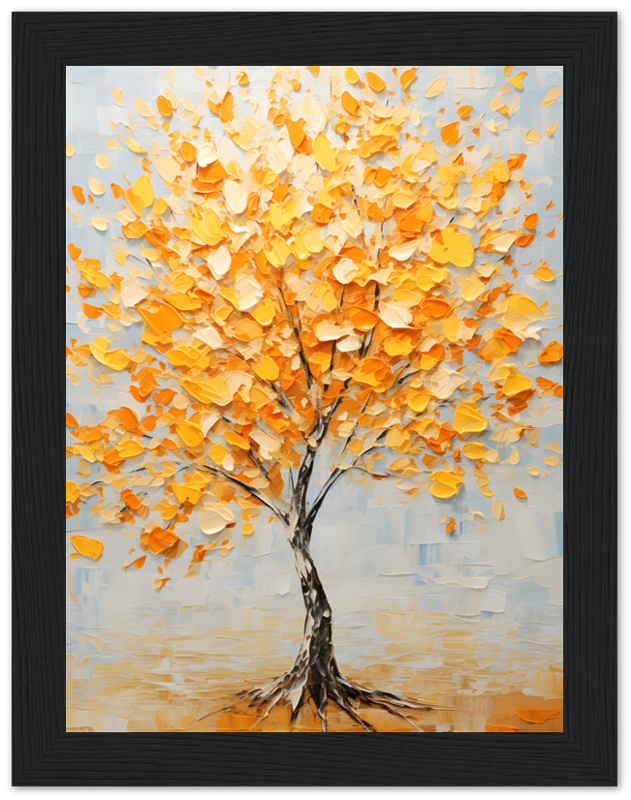 A textured painting of a tree with vibrant orange leaves in a black frame.