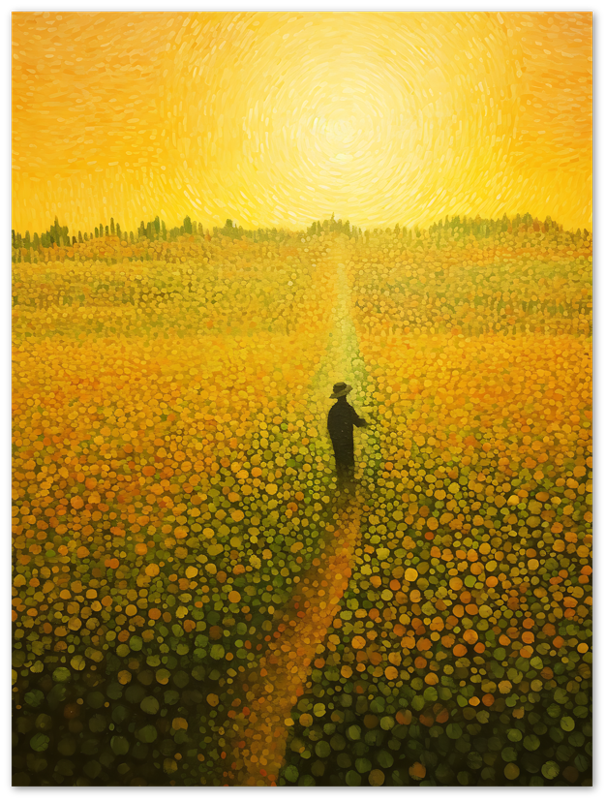 Painting of a person walking on a path through a field of flowers under a swirling yellow sky.