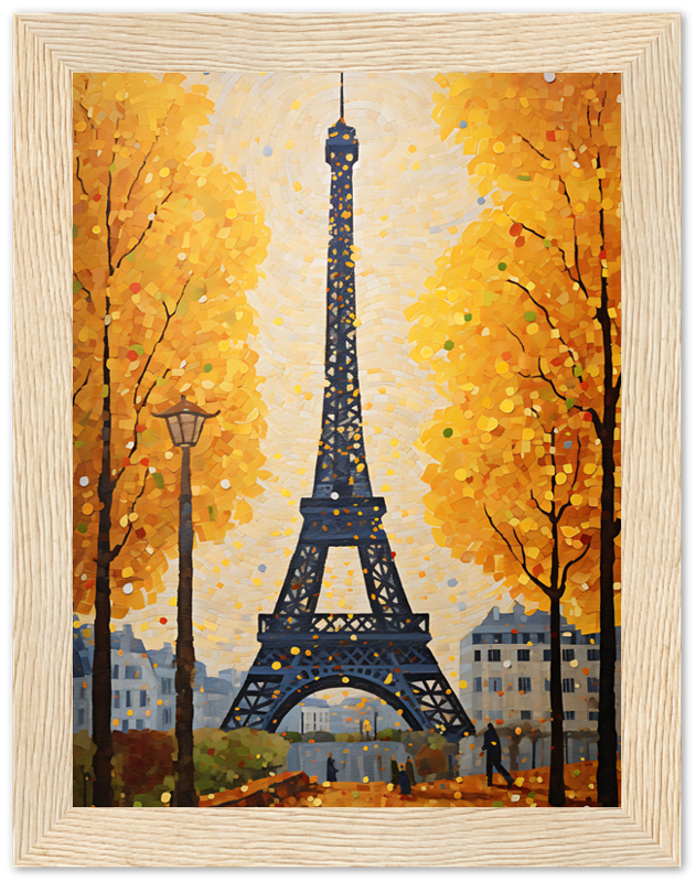 An impressionistic painting of the Eiffel Tower surrounded by autumn trees.
