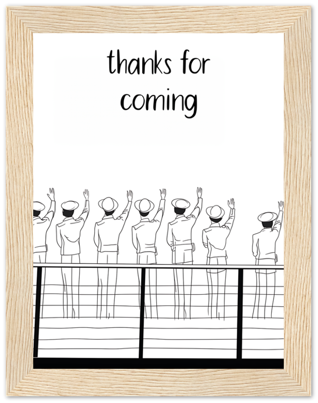 Illustration of people waving goodbye with a "thanks for coming" sign in a frame.