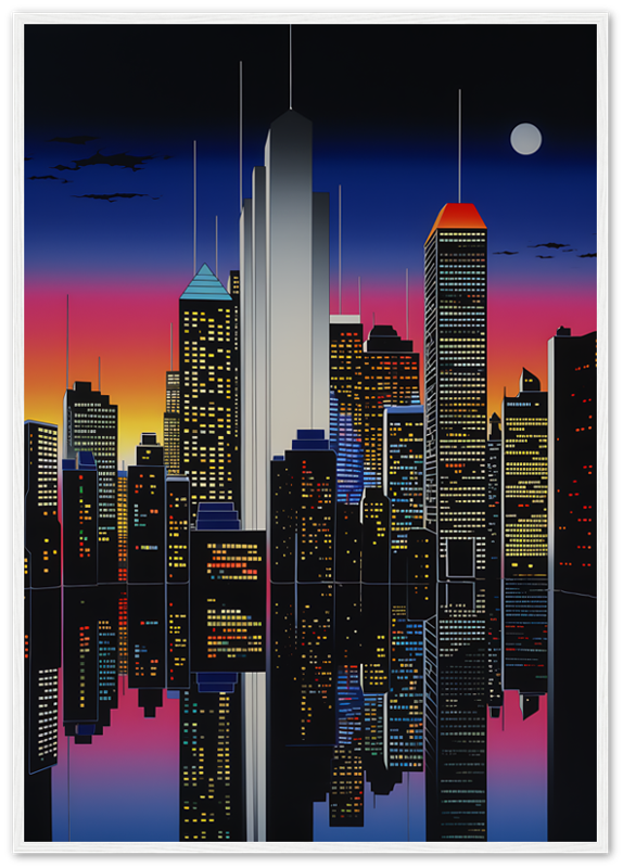 A stylized artwork of a city skyline at dusk with a wooden frame.