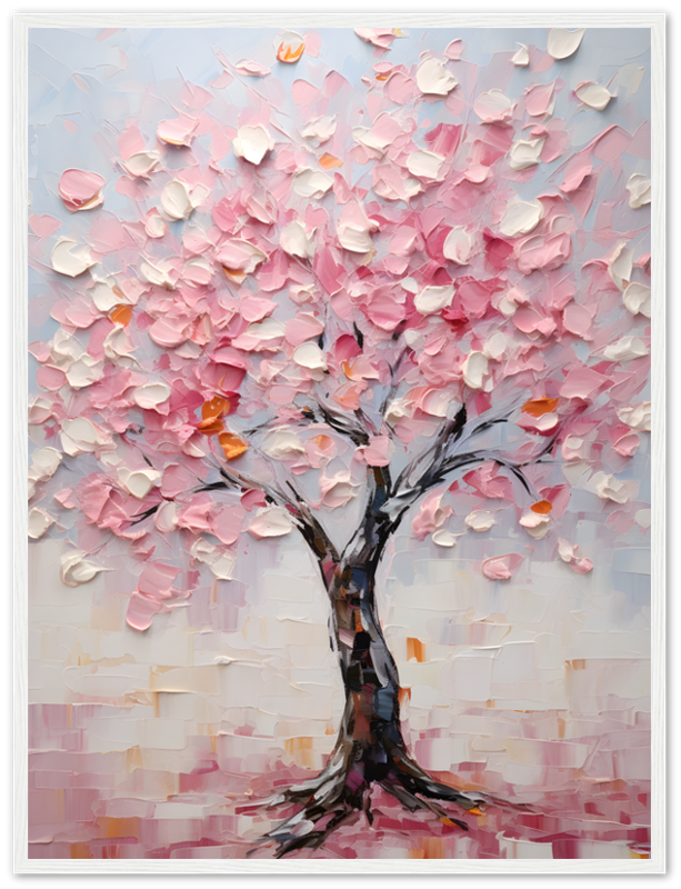Oil painting of a cherry blossom tree with textured pink and white petals on a framed canvas.