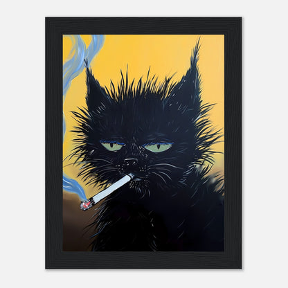 Artwork of a black cat with green eyes smoking a cigarette, against a yellow background.