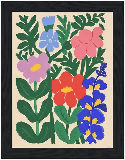 Colorful illustrated flowers and leaves in a decorative, simple style on a light background, framed.