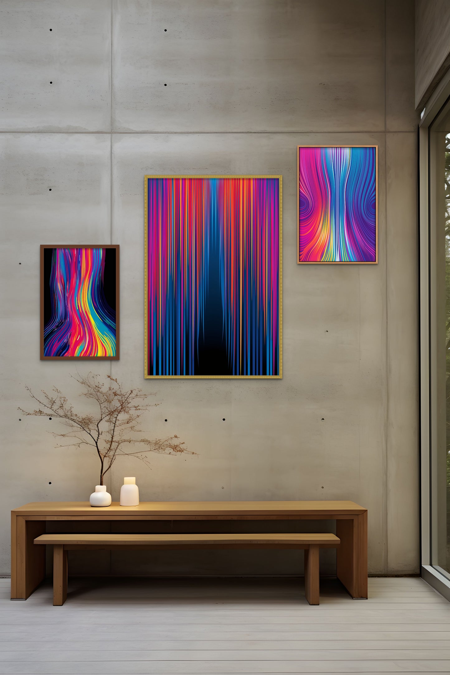 Three abstract vibrant paintings on a concrete wall above a wooden bench with a vase and branches.