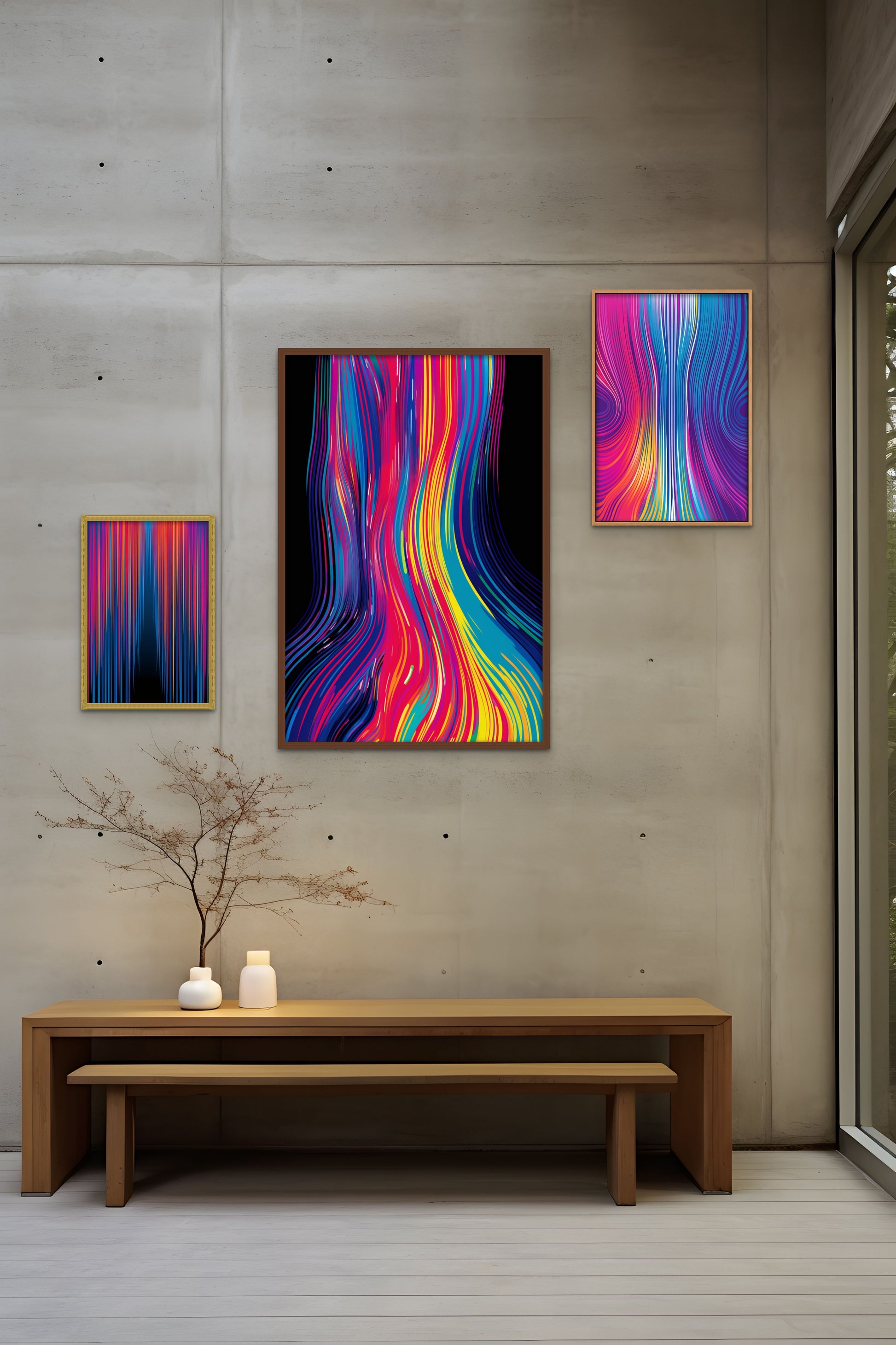 Modern abstract art on a wall above a wooden bench with a plant and vases.