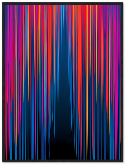 Abstract image with colorful vertical lines against a dark background, framed in white.