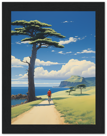 A framed painting of a person walking down a path toward the sea with cliffs and a tree.
