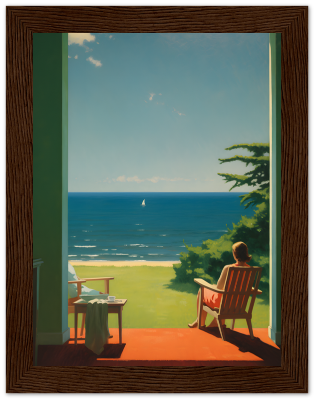 Painting of a person sitting on a chair watching the sea from a porch framed by a wooden doorway.