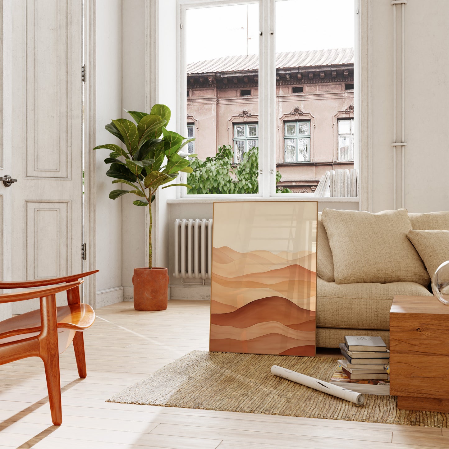 A cozy living room with a sofa, plants, and artwork with a city view outside.