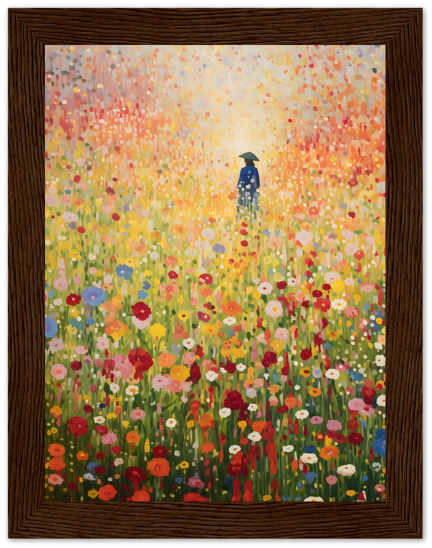 A vibrant painting of a person standing in a colorful field of flowers.