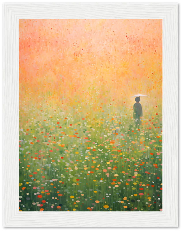 A framed painting of a person standing in a vibrant, colorful, flower-strewn field.