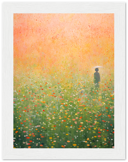 A framed painting of a person standing in a vibrant, colorful, flower-strewn field.