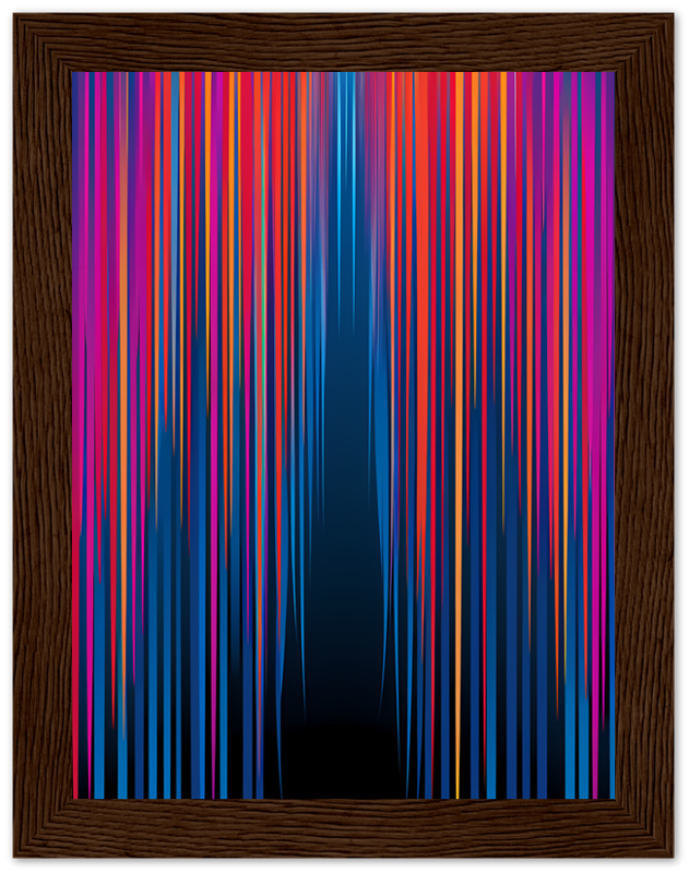 Abstract colorful streaks on a dark background framed with a wooden frame.