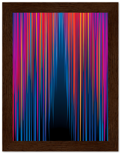 Abstract colorful streaks on a dark background framed with a wooden frame.