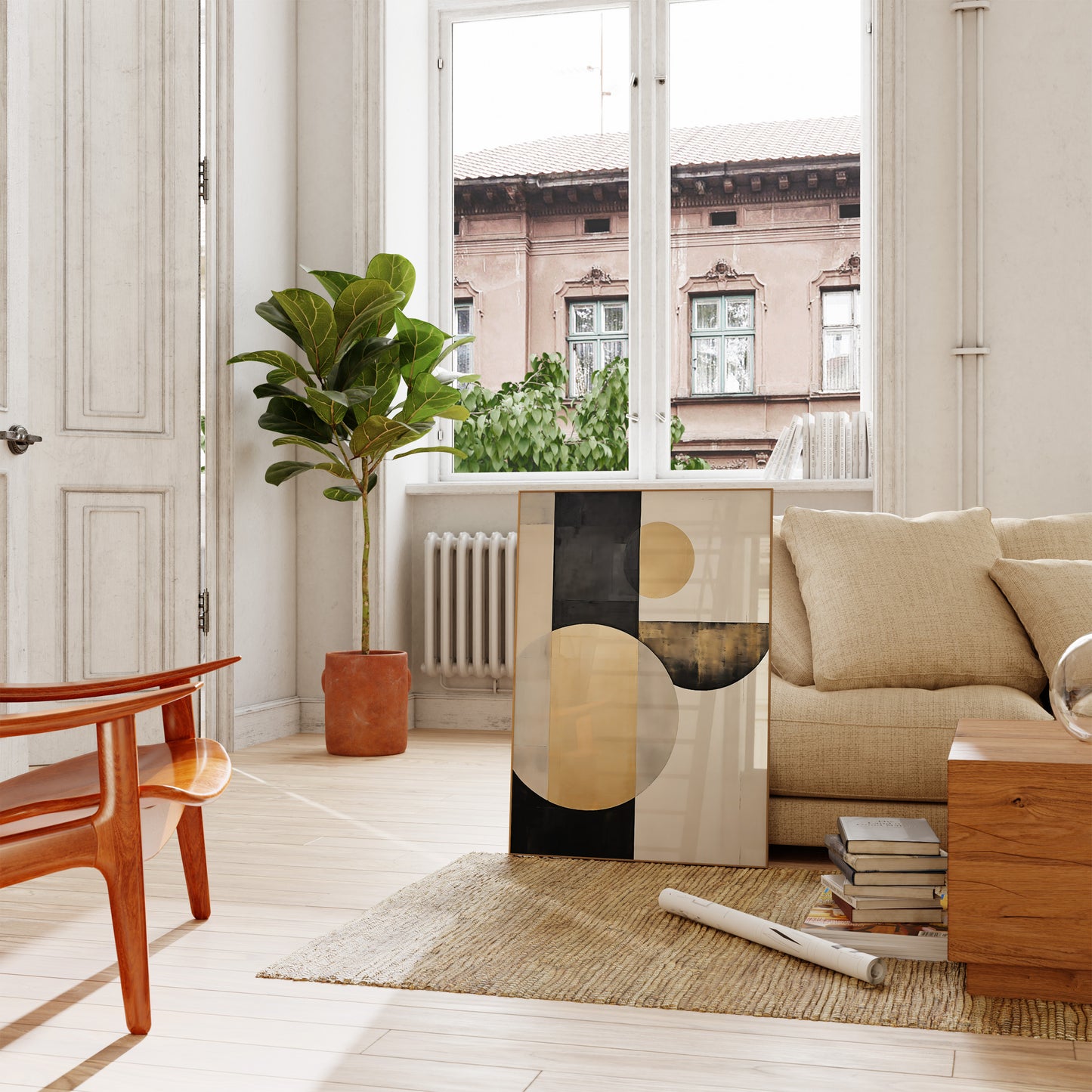 Bright, cozy living room with modern furniture and a potted plant.