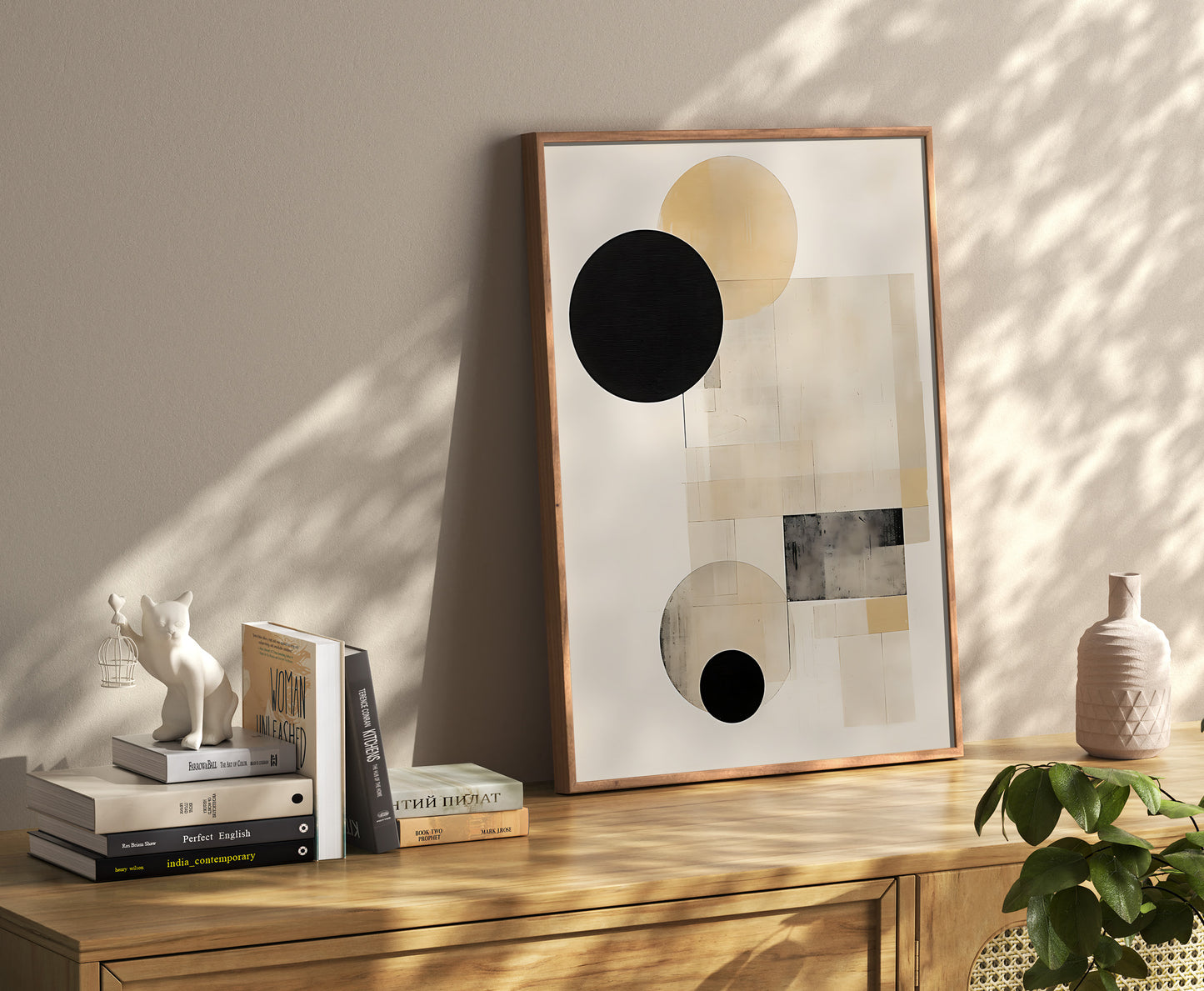 A minimalist artwork with geometric shapes in a room with books and decorative items.