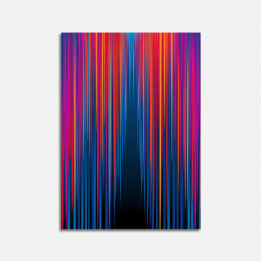Abstract painting with colorful vertical streaks on a white background.