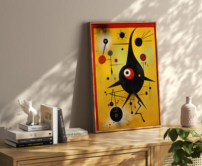 Modern abstract art on a framed poster in a stylish room with books and decor.