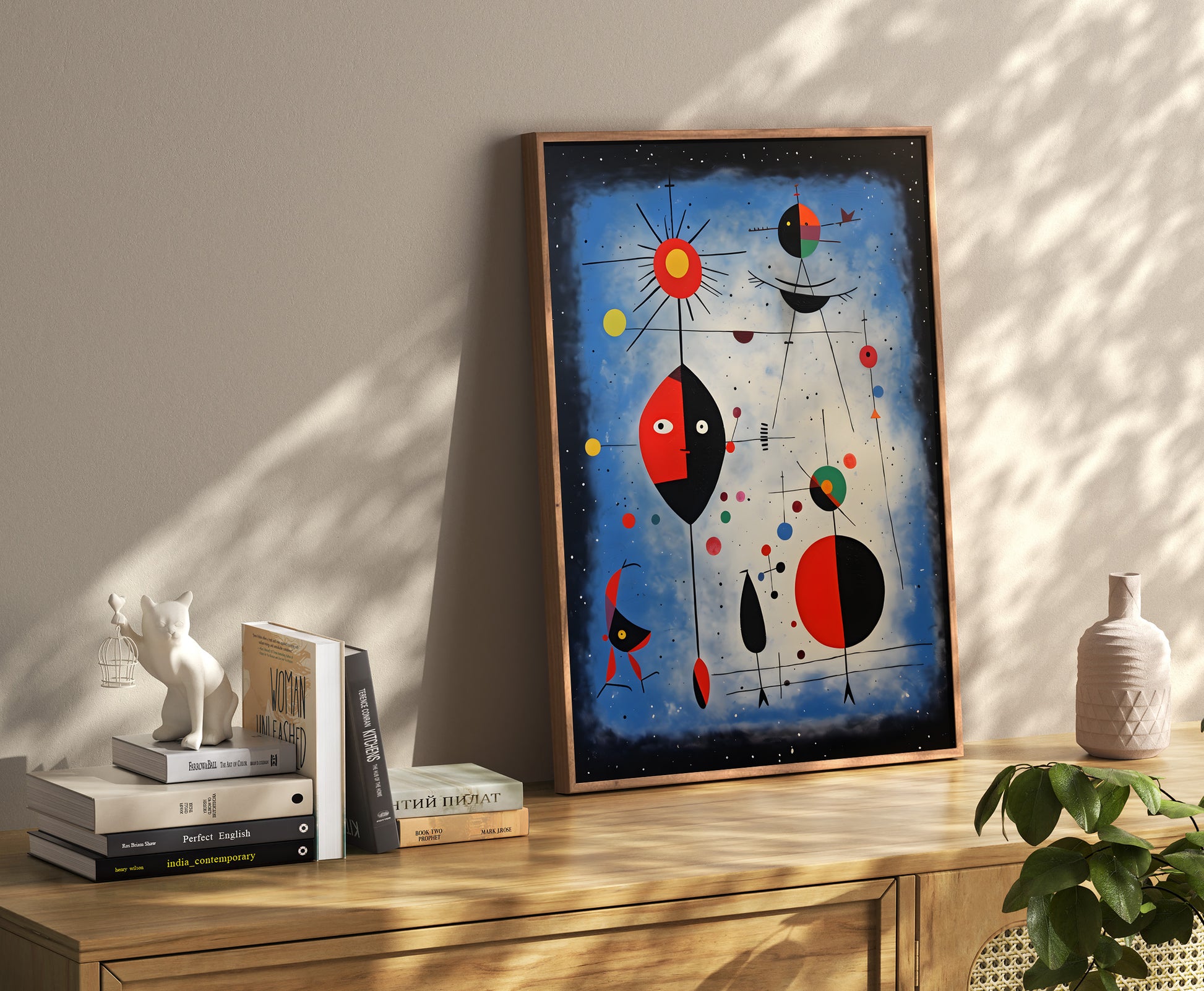 A modern abstract painting displayed in a frame on a wooden sideboard with books and decor.