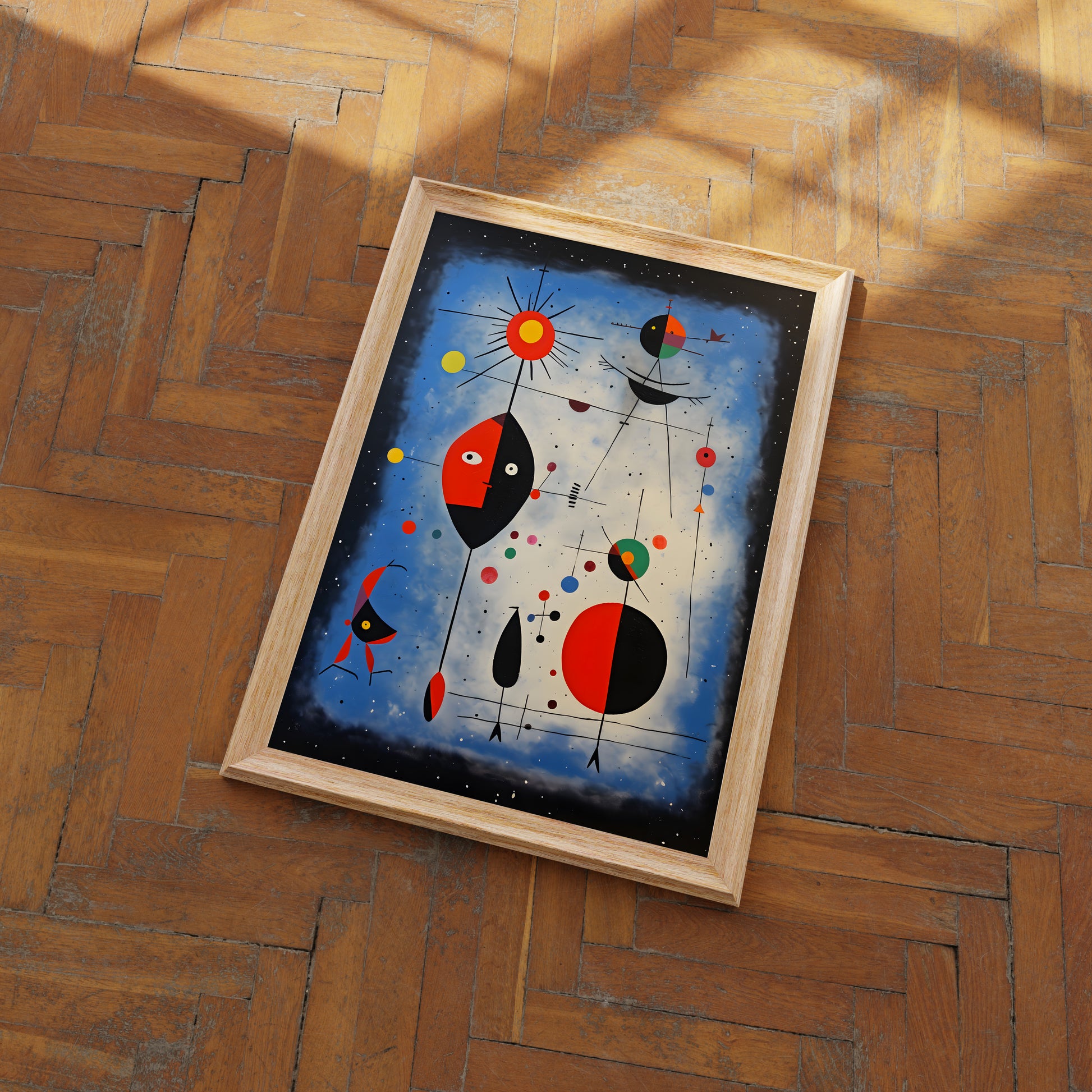 "Abstract painting with colorful shapes and dots on a wooden floor."