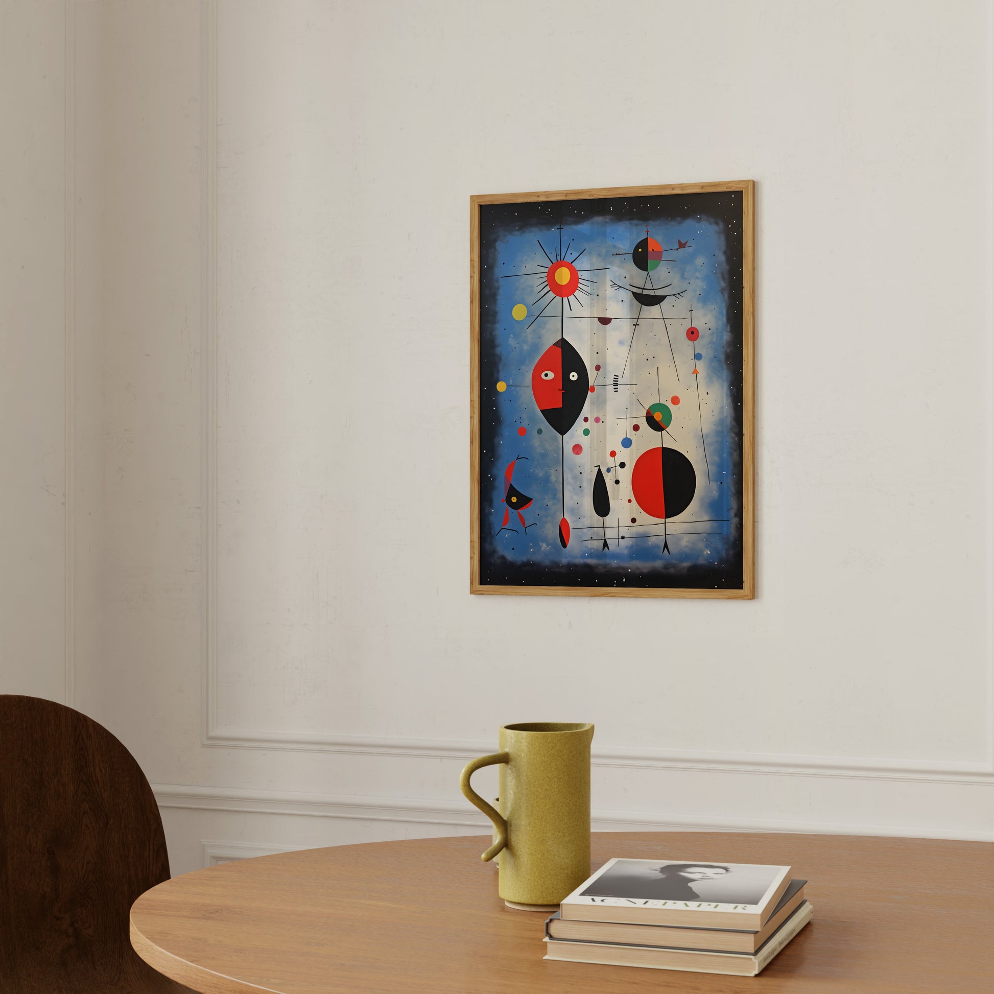 An abstract space-themed painting on a wall above a table with a mug and books.