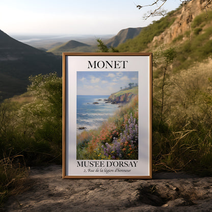 A framed poster of Monet's artwork on display outdoors with a natural landscape background.