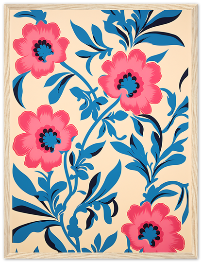 Vintage floral pattern with pink flowers and blue leaves on a beige background.