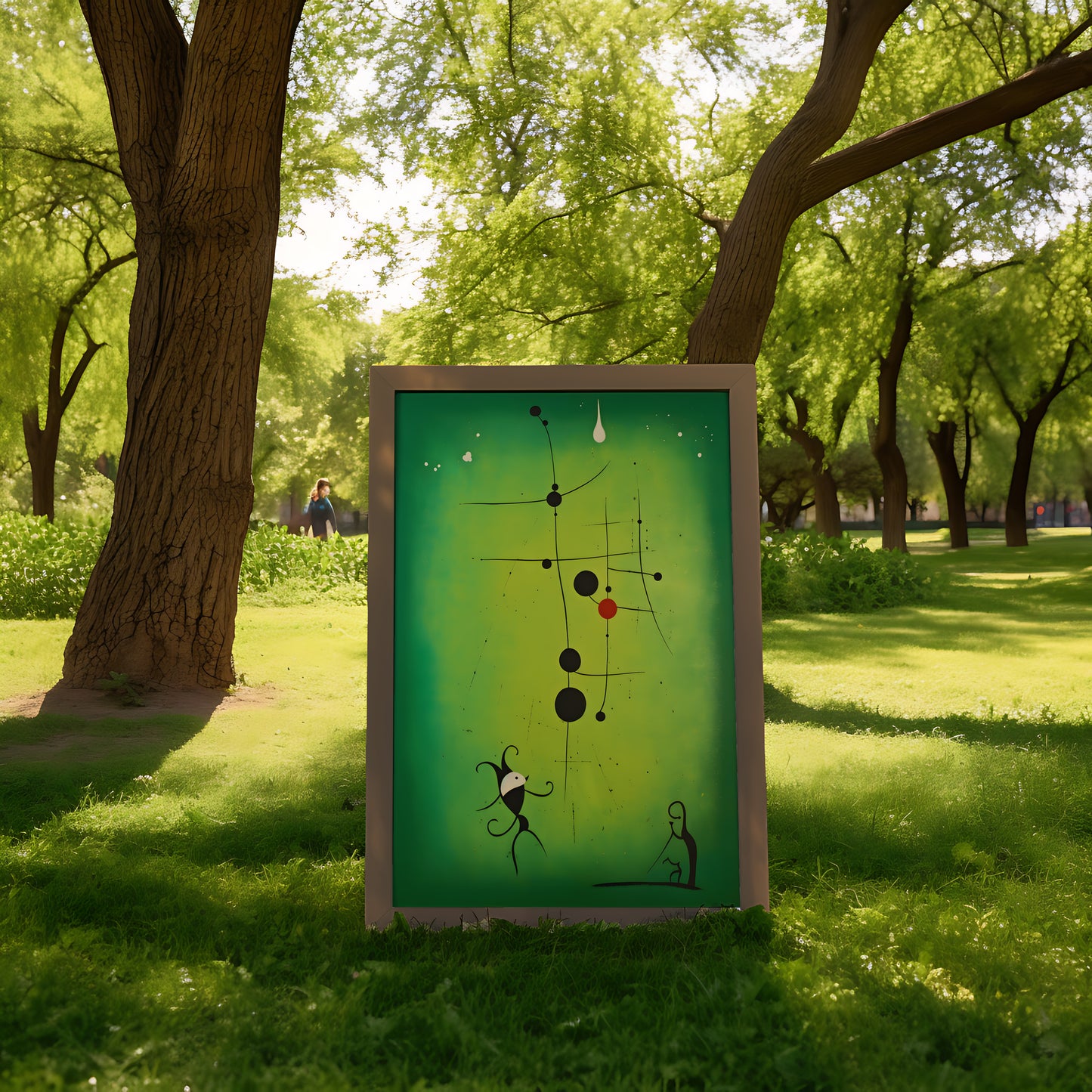 A modern art painting on an easel in a lush green park setting.
