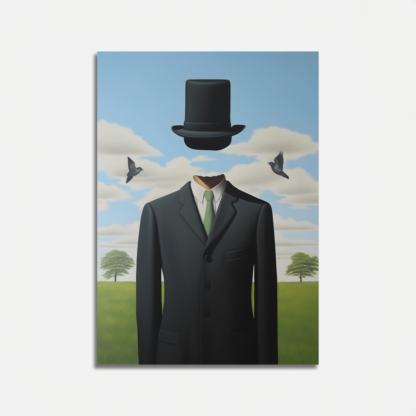 An illustration of a man in a suit with a bowler hat for a head, birds, and a landscape background.