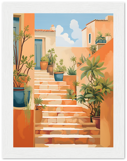Painting of a sunny Mediterranean staircase with potted plants and terracotta houses.