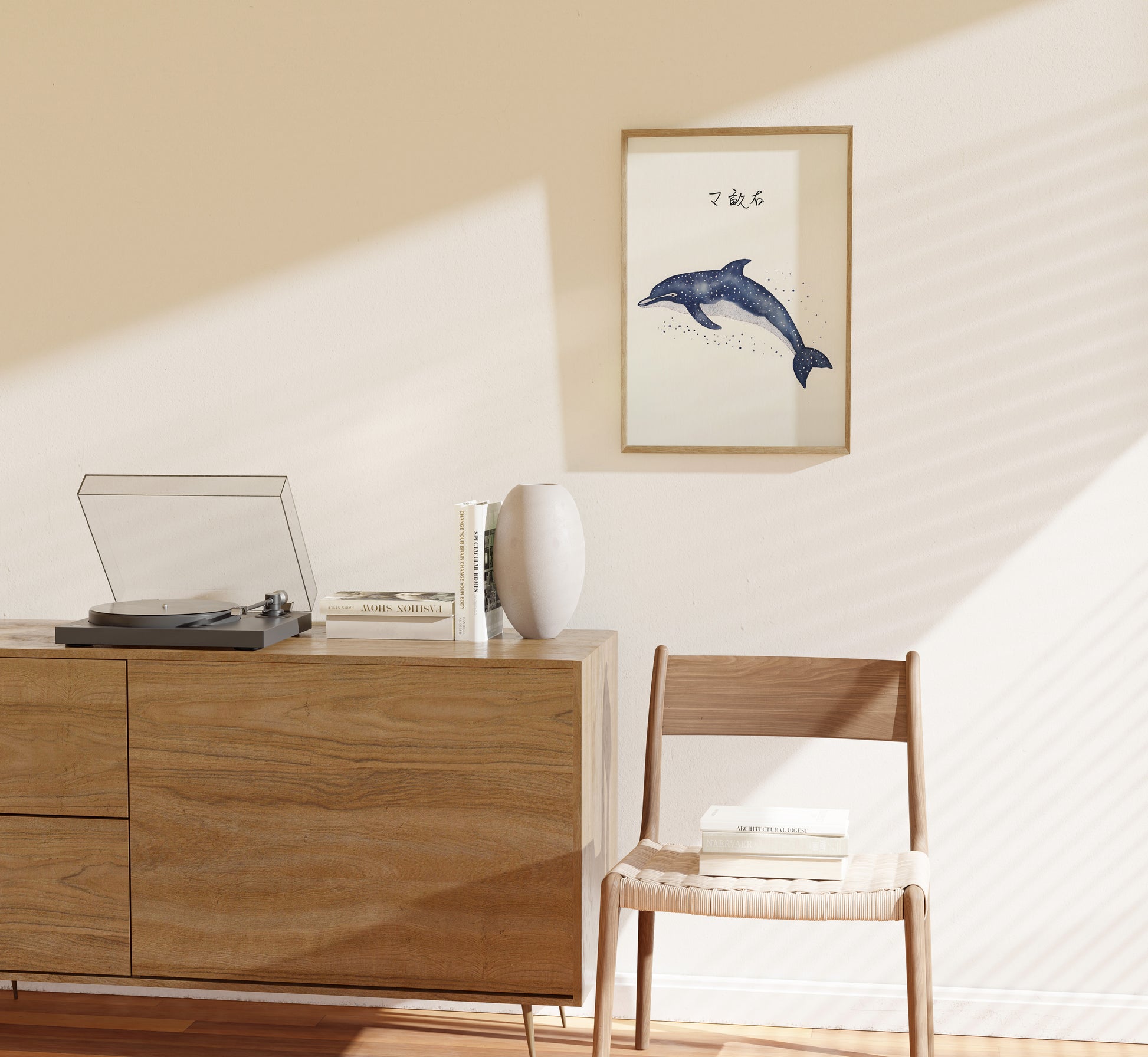 A cozy room corner with a wooden cabinet, a record player, and a framed whale illustration on the wall.