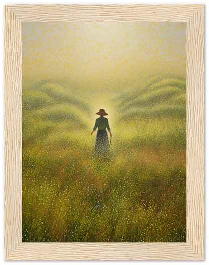 Painting of a person in a hat walking through a sunlit golden wheat field.