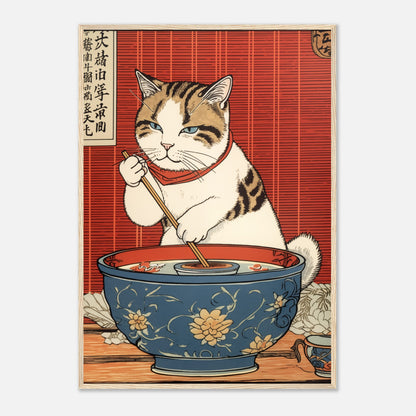 A traditional Japanese woodblock print of a cat eating from a bowl with chopsticks.