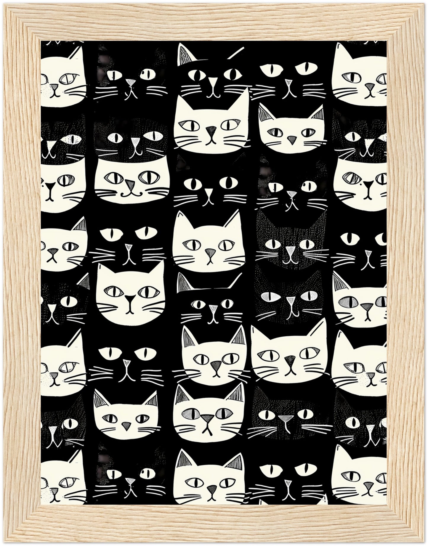 Black and white patterned artwork featuring various stylized cat faces.