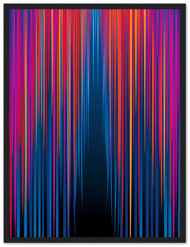 Abstract artwork with colorful vertical streaks in a wooden frame.