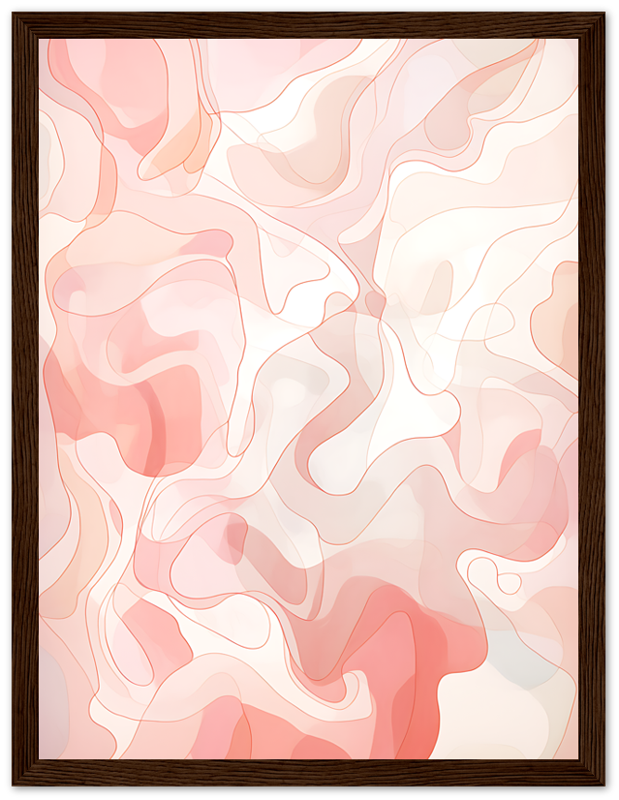 Abstract wavy pattern in shades of pink and white with a dark wooden frame.