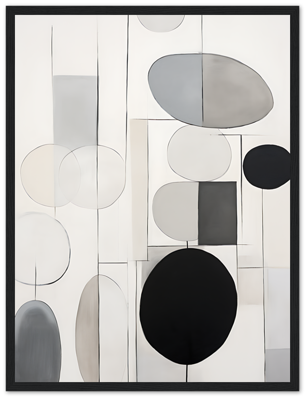 Modern abstract art with geometrical shapes and circles in a neutral palette, framed in wood.