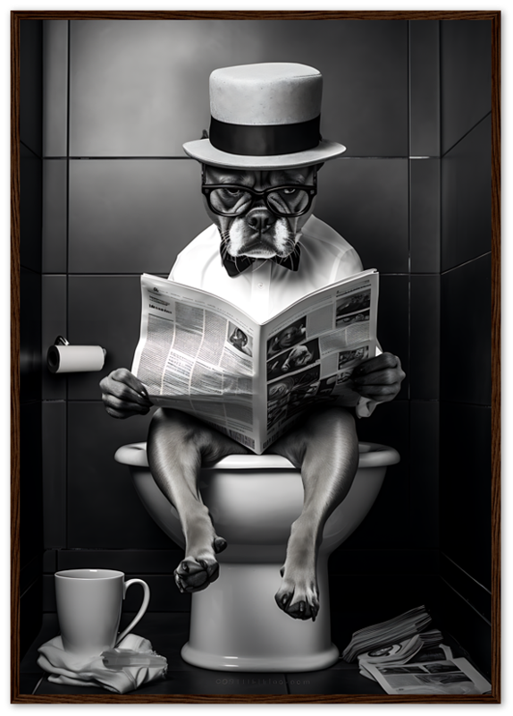 A dog wearing glasses and a hat, reading a newspaper while sitting on a toilet.