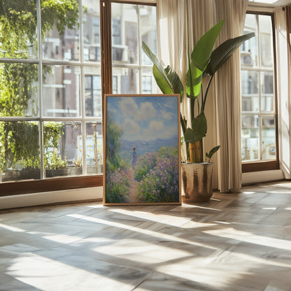 A painting of a person on a path with flowers beside a potted plant in a sunny room with windows.