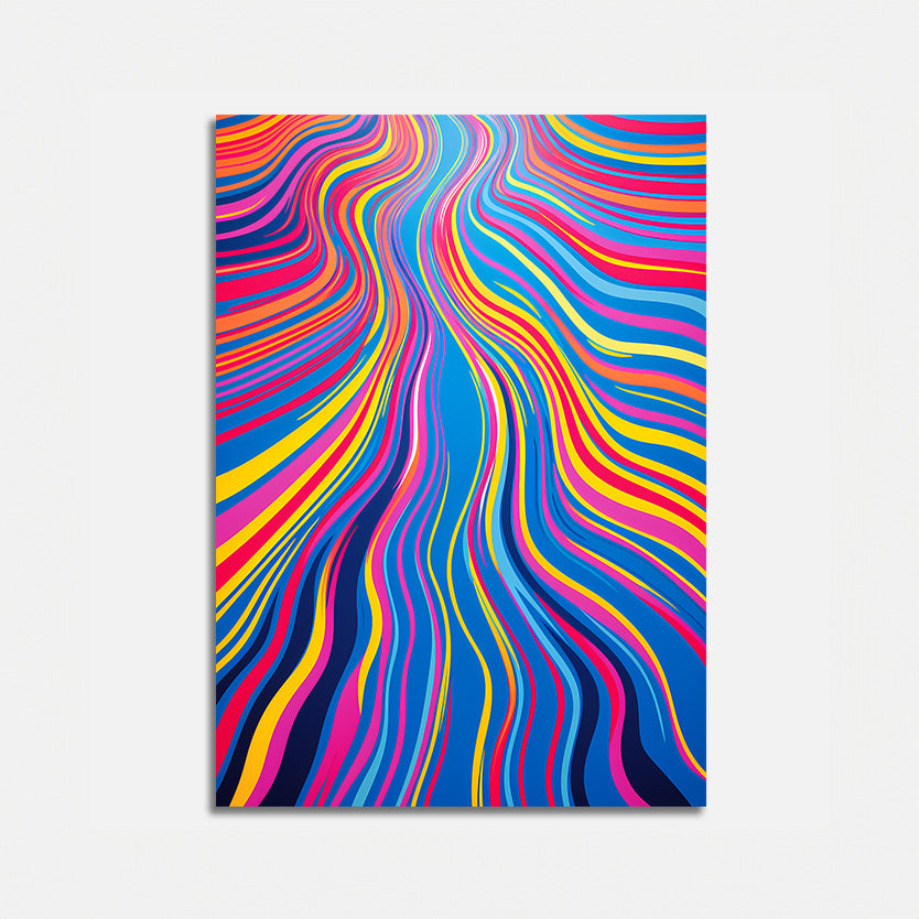 A vibrant abstract painting with wavy lines in bright colors against a dark background.