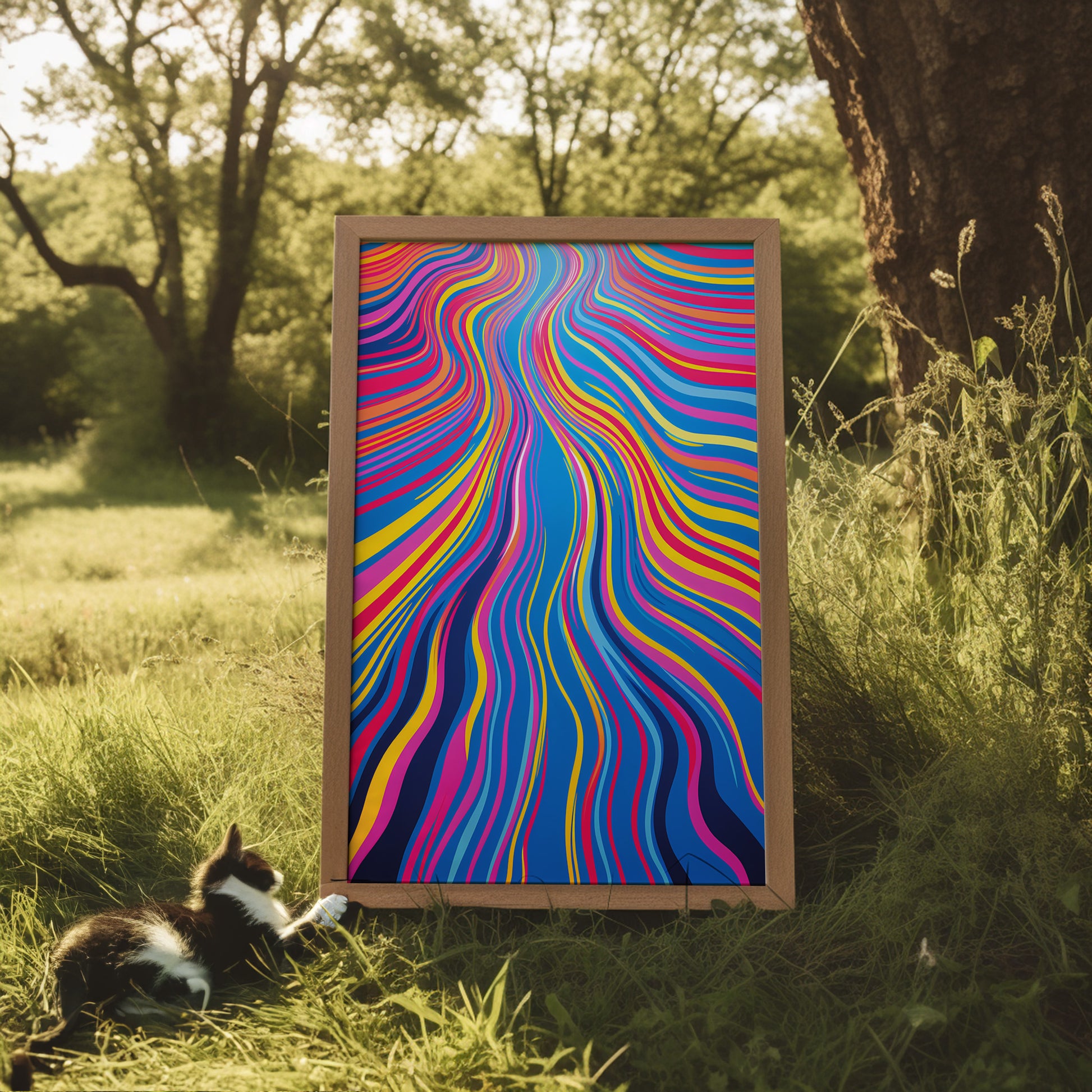 Abstract colorful wavy artwork on easel in a sunlit grassy field with a cat lounging nearby.