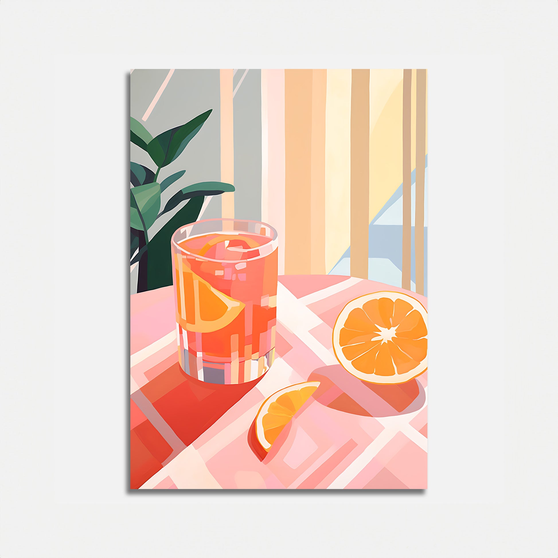 A stylized illustration of a glass of juice with sliced oranges on a table.