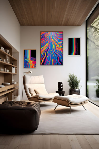 Modern living room with abstract art on the wall, a stylish chair, and lush plants.