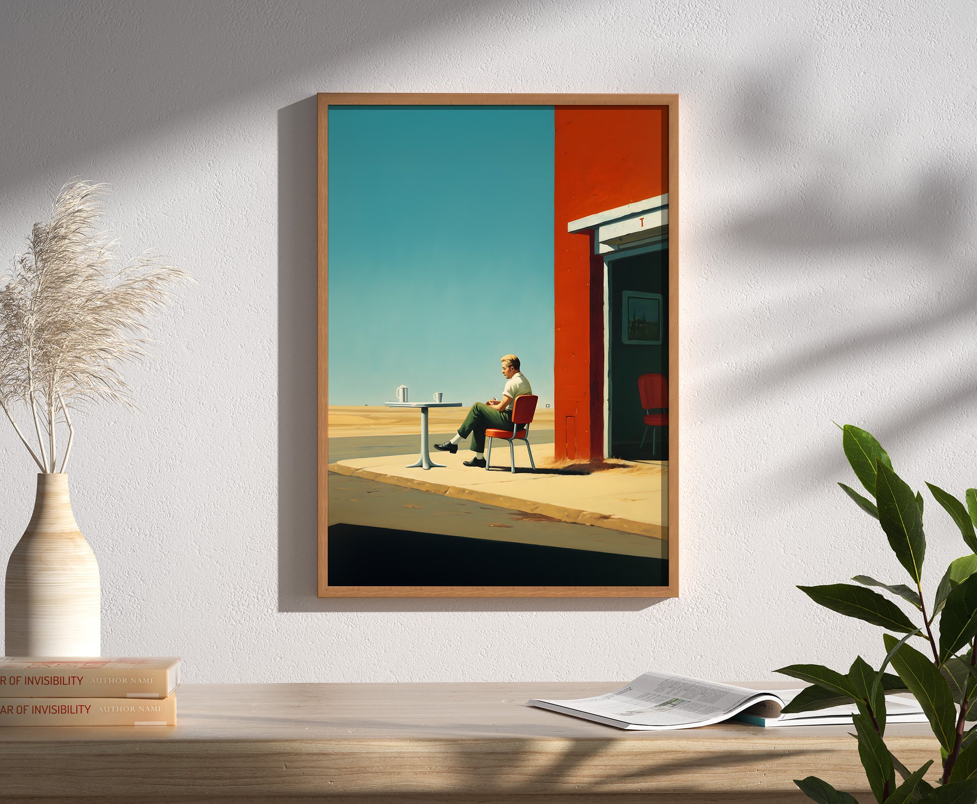 A framed painting on a wall depicting a person sitting outside in the sunlight.