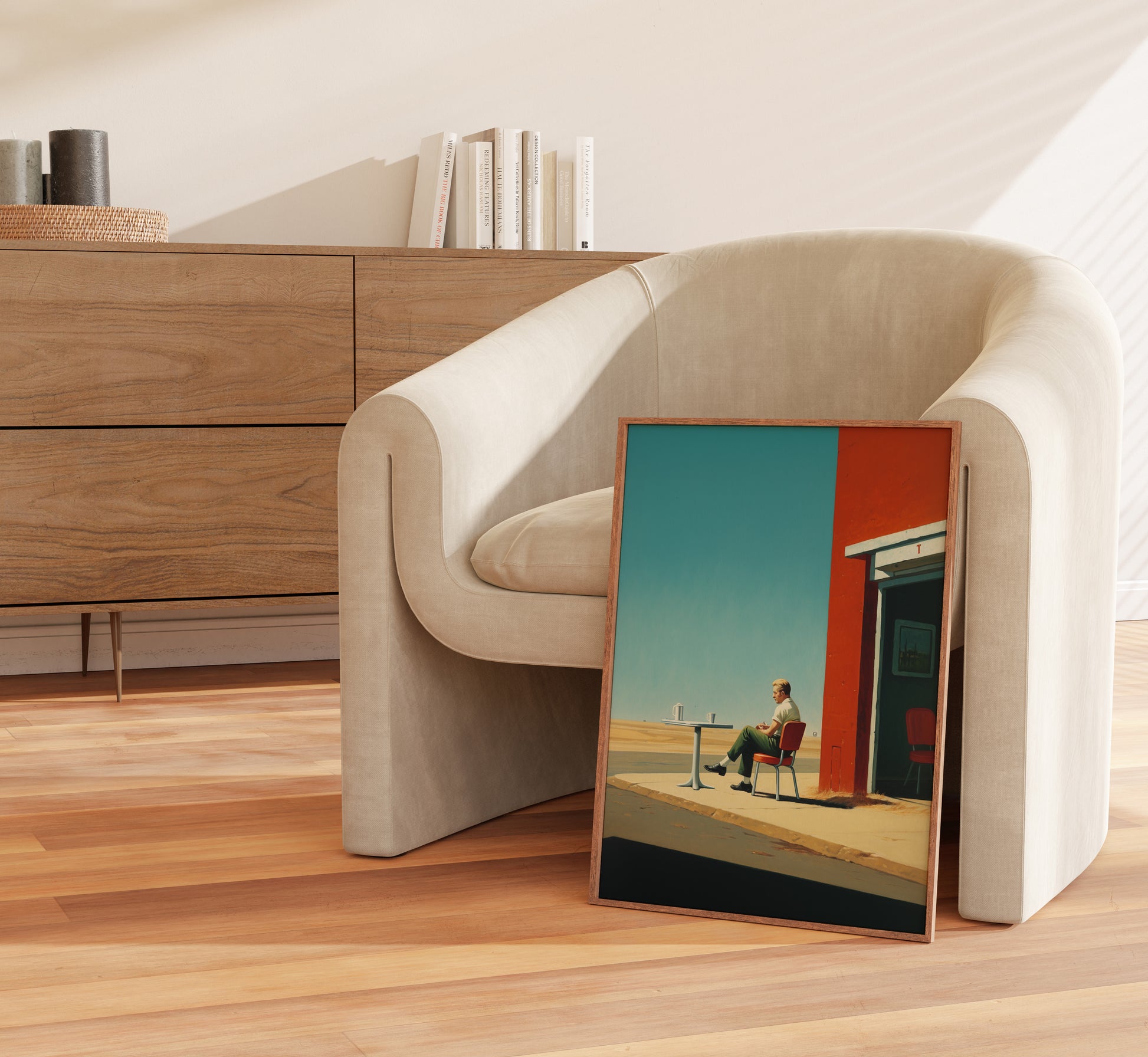 A modern beige chair with a framed picture leaning against it near a wooden cabinet.